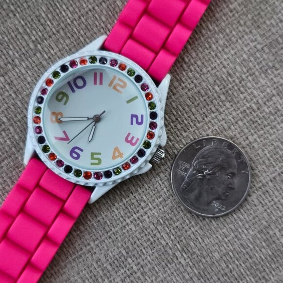 Multi Color Crystals Accent Bezel Wristwatch Pink Rubber Strap Analog Watch - Picture 6 of 11